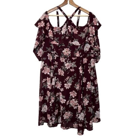 Torrid Womens Size 16 Burgundy Floral Cold Shoulder Ruffle Dress NEW Longsleeve - Picture 3 of 14